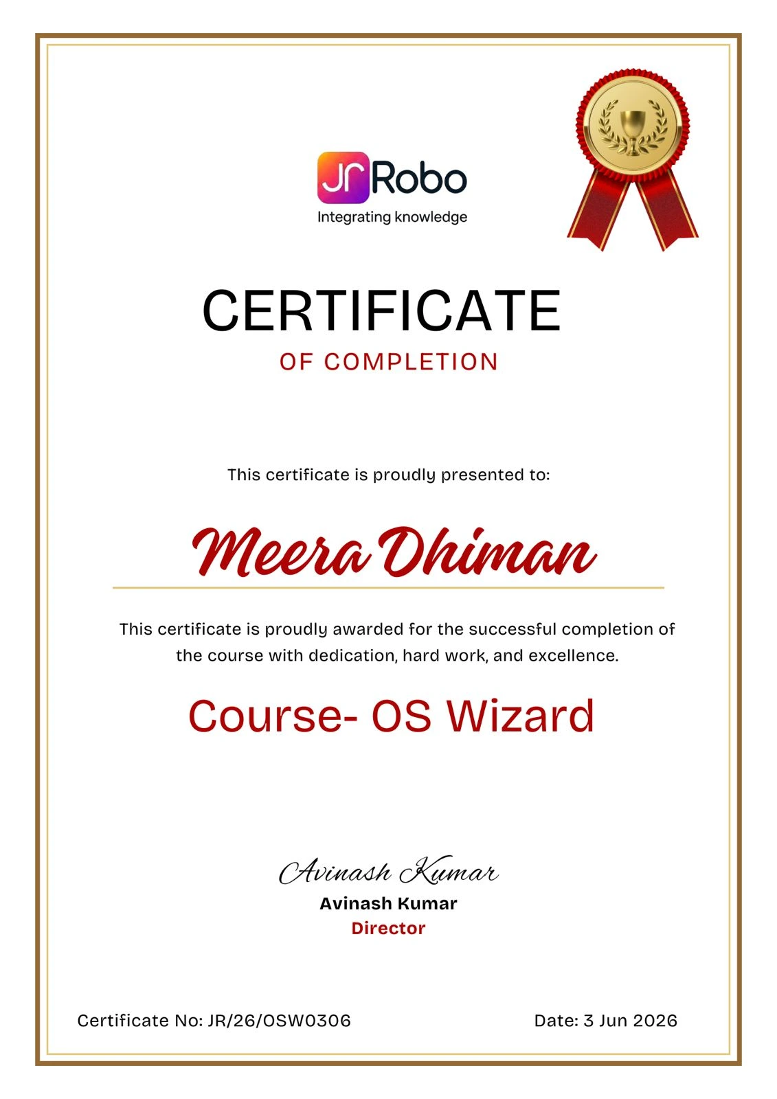 Junior Robo Course Completion Certificate